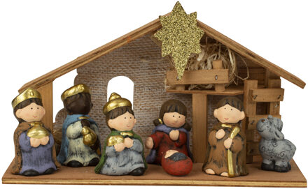 Kerststal voor kinderen - met beeldjes en verlichting - 28 cm - Kinder/kinderkamer kerststalletje Multi