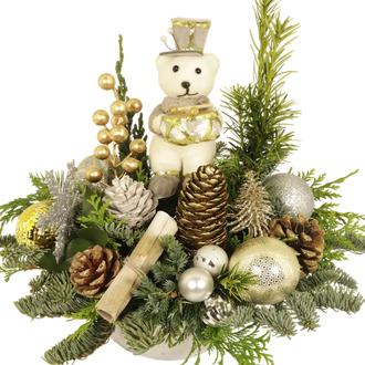 Kerststuk beer met trommel wit zilver goud