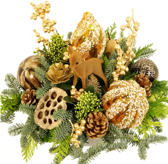 Kerststuk goud brons met besprinkelende kerstballen