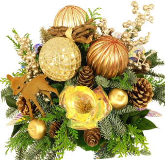 Kerststuk goud brons met parelmoer rozen