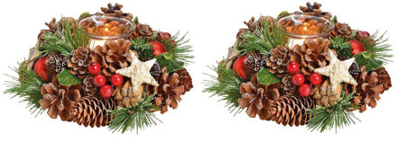 Kerststukje - 2x - krans - met windlichtje - 17 cm - tafeldecoratie