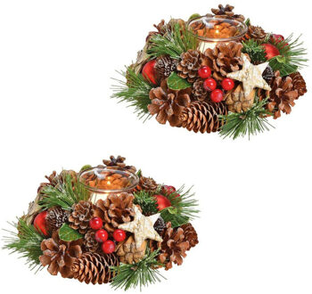 Kerststukje - 4x stuks - krans - met windlichtje - 17 cm - tafeldecoratie