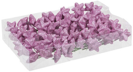 Kerststukje instekers - sterren - roze glitter - 18 setjes van 6 st - Kerststukjes