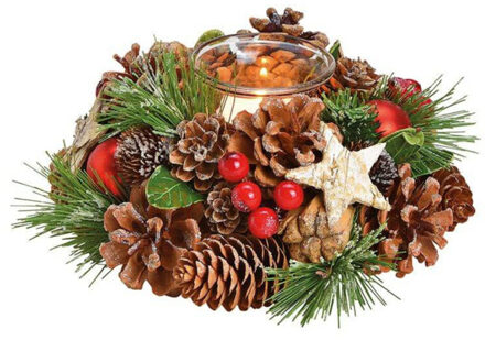 Kerststukje - krans - met windlichtje - 17 cm - tafeldecoratie Multi