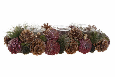 Kerststukje theelichthouder tafel ornament - roze/bruin - 38 x 15 x 9,5 cm - tafel ornament Multi