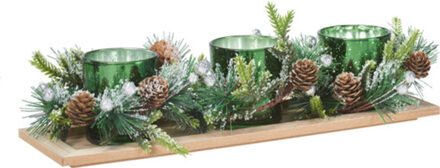 Kerststukje theelichthouders - groen -38 x 12 x 1.5 cm- tafel ornament