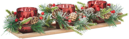 Kerststukje theelichthouders - rood - 38 x 12 x 1.5 cm - tafel ornament Multi