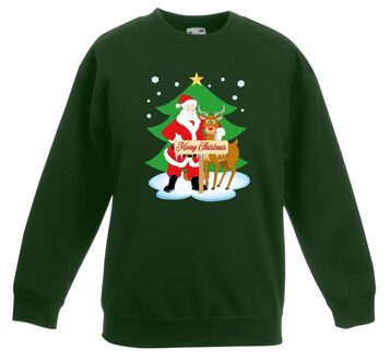 Kersttrui kerstman en rendier voor kerstboom groen voor jongens en meisjes 14-15 jaar (170/176) - kerst truien kind