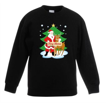 Kersttrui kerstman en rendier voor kerstboom zwart voor jongens en meisjes 5-6 jaar (110/116) - kerst truien kind