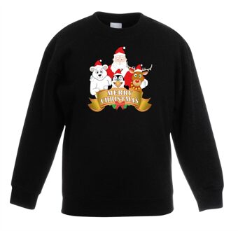 Kersttrui met de kerstman en zijn vriendjes zwart voor jongens en meisjes 5-6 jaar (110/116) - kerst truien kind