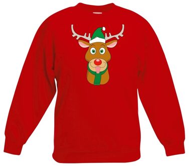 Kersttrui rendier Rudolf met groene muts rood voor jongens en meisjes 7-8 jaar (122/128) - kerst truien kind