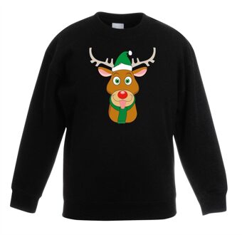 Kersttrui rendier Rudolf met groene muts zwart voor jongens en meisjes 9-11 jaar (134/146) - kerst truien kind