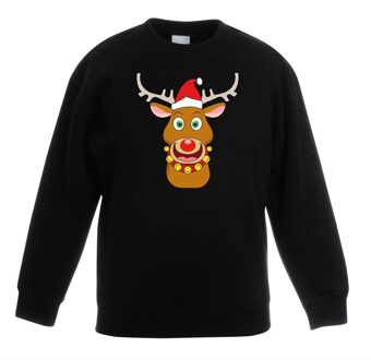 Kersttrui rendier Rudolf met rode muts zwart voor jongens en meisjes 12-13 jaar (152/164) - kerst truien kind