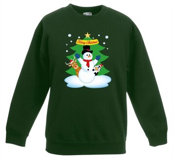 Kersttrui sneeuwpop en vrienden voor kerstboom groen voor jongens en meisjes 12-13 jaar (152/164) - kerst truien kind