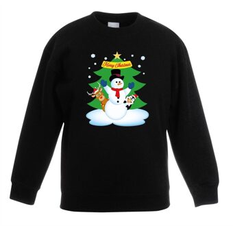 Kersttrui sneeuwpop en vrienden voor kerstboom zwart voor jongens en meisjes 7-8 jaar (122/128) - kerst truien kind