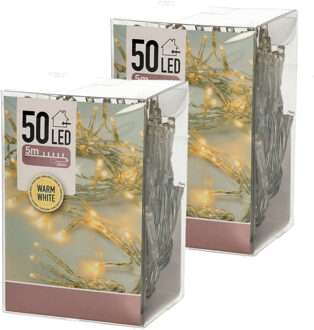 Kerstverlichting - 2x - op batterij - warm - wit - 50 led lampjes - 5 meter - transparant snoer