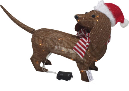 Kerstverlichting figuur - hond/teckel - met kerstmuts - 70 x 14 x 43 cm - 40 LED lampjes wit