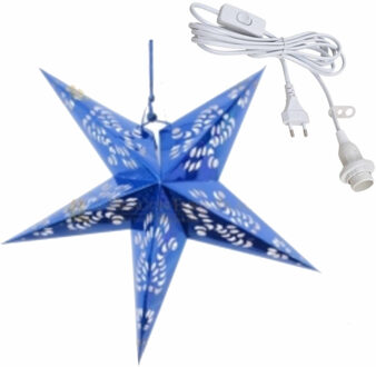 Kerstversiering blauwe kerststerren 60 cm inclusief lichtkabel