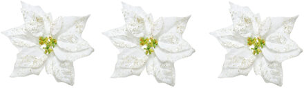 Kerstversiering bloem - 10x stuks - wit glitter - op clip - 20 cm - Decoratiebloemen - kerstversieri