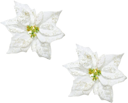 Kerstversiering bloem - 2x stuks - wit glitter - op clip - 20 cm - Decoratiebloemen - kerstversierin