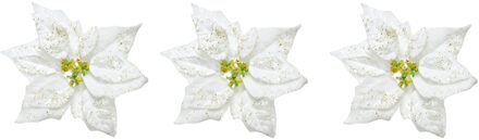 Kerstversiering bloem - 6x stuks - wit glitter - op clip - 20 cm - Decoratiebloemen - kerstversierin