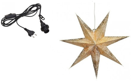 Kerstversiering gouden kerststerren 60 cm inclusief zwarte lichtkabel