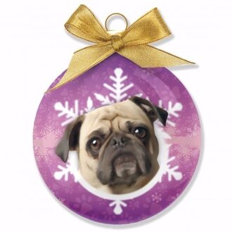 Kerstversiering honden kerstballen Mopshonden 8 cm - Kerstbal Paars