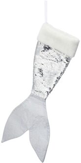 Kerstversiering kerstsok zeemeerminnen staart zilver/wit 45 cm
