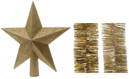 Kerstversiering kunststof glitter ster piek 19 cm en folieslingers pakket goud van 3x stuks - kerstboompieken Goudkleurig