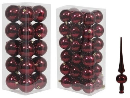 Kerstversiering kunststof kerstballen met piek bordeaux rood 6 en 8 cm pakket van 57x stuks - Kerstbal