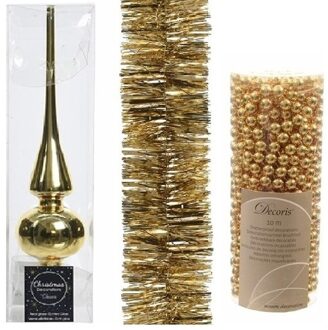 Kerstversiering set gouden piek, folieslinger en kralenslinger