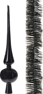 Kerstversiering set kunststof piek en 2x folieslingers zwart 270 cm