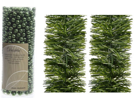 Kerstversiering set van 2x stuks folieslingers en 1x stuks kralenslingers donkergroen