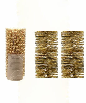 Kerstversiering set van 2x stuks folieslingers en 1x stuks kralenslingers goud