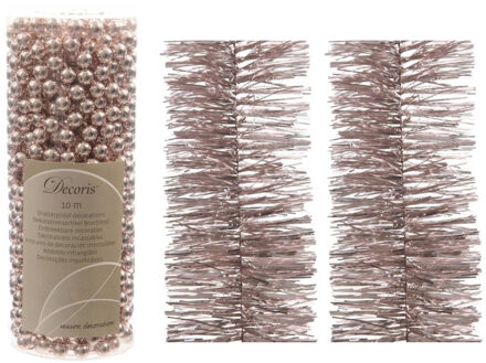 Kerstversiering set van 2x stuks folieslingers en 1x stuks kralenslingers lichtroze