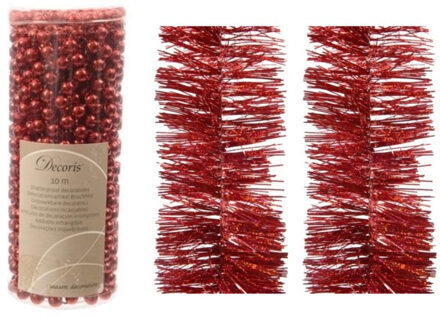 Kerstversiering set van 2x stuks folieslingers en 1x stuks kralenslingers rood glitter