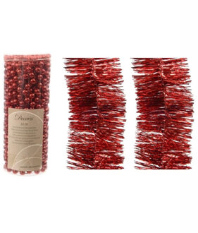 Kerstversiering set van 2x stuks folieslingers en 1x stuks kralenslingers rood