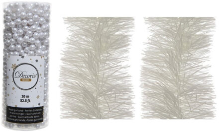 Kerstversiering set van 2x stuks folieslingers en 1x stuks kralenslingers winter wit