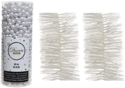 Kerstversiering set van 2x stuks folieslingers en 1x stuks kralenslingers wit