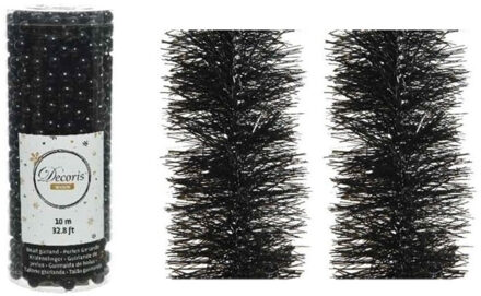 Kerstversiering set van 2x stuks folieslingers en 1x stuks kralenslingers zwart
