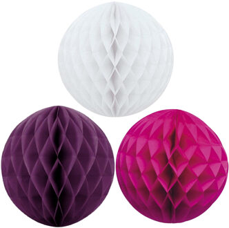 Kerstversiering set van 3x papieren kerstballen 10 cm wit aubergine en fuchsia roze