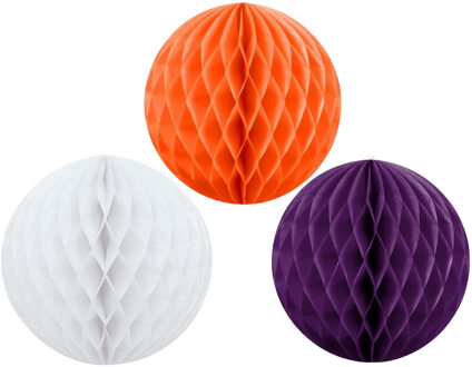 Kerstversiering set van 3x papieren kerstballen 10 cm wit paars en oranje