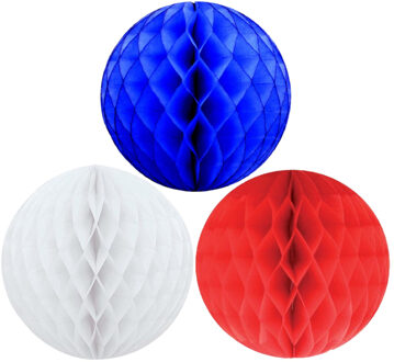 Kerstversiering set van 6x papieren kerstballen 10 cm blauw wit en rood