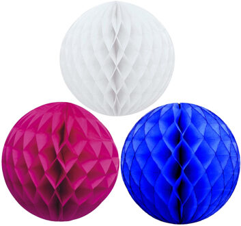 Kerstversiering set van 6x papieren kerstballen 10 cm wit blauw en fuchsia roze