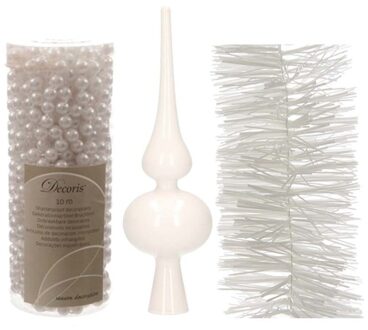 Kerstversiering set witte piek, folieslinger en kralenslinger