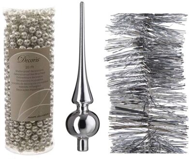 Kerstversiering set zilveren piek, folieslinger en kralenslinger