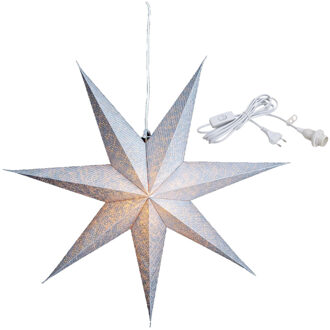 Kerstversiering zilveren papier decoratie kerststerren 60 cm inclusief witte lichtkabel