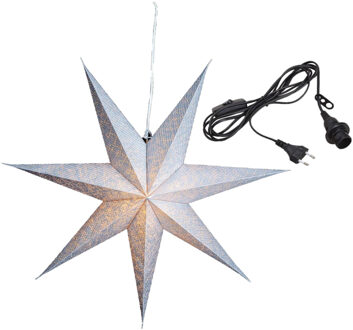 Kerstversiering zilveren papier decoratie kerststerren 60 cm inclusief zwarte lichtkabel