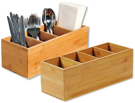 Kesper Bestekbak/keuken spullen/kruiden organizer - 2x - 4-vakken - bamboe hout - 36 x 12 x 14 cm