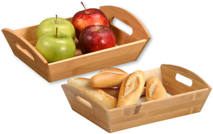 Kesper Brood/fruit mandje - 2x - bamboe hout - beige - L31 x B23 x H9 cm - met handvaten